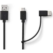 Nedis 2-in-1 sync- en oplaadkabel | USB-A Male - USB micro-B / Type-C Male | 1,0 m | Zwart
