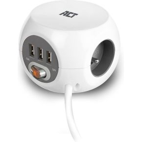 ACT Vierkante stekkerdoos (PDU) met 3 sockets type E, 3 USB-A poorten, 1,5m, wit