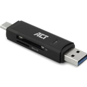 ACT USB 3.2 cardreader, SD/micro SD, USB-C of USB-A, zwart