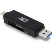 ACT USB 3.2 cardreader, SD/micro SD, USB-C of USB-A, zwart