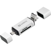 Sandberg-Card-Reader-USB-C-USB-MicroUSB-geheugenkaartlezer-Zilver