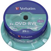 1x25 Verbatim DVD-RW 4.7GB 4x Speed. mat zilver