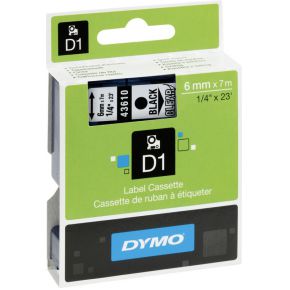 Dymo D1 Lettertape 6 mm x 7 m zwart op transparant 43610