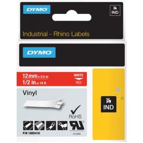 Dymo Rhino Band IND. Vinyl 12 mm x 5.5 m wit op rood