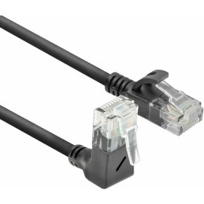 ACT Zwarte 5 meter U/UTP CAT6A LSZH slimline patchkabel met RJ45 connectoren. recht naar 90° haaks