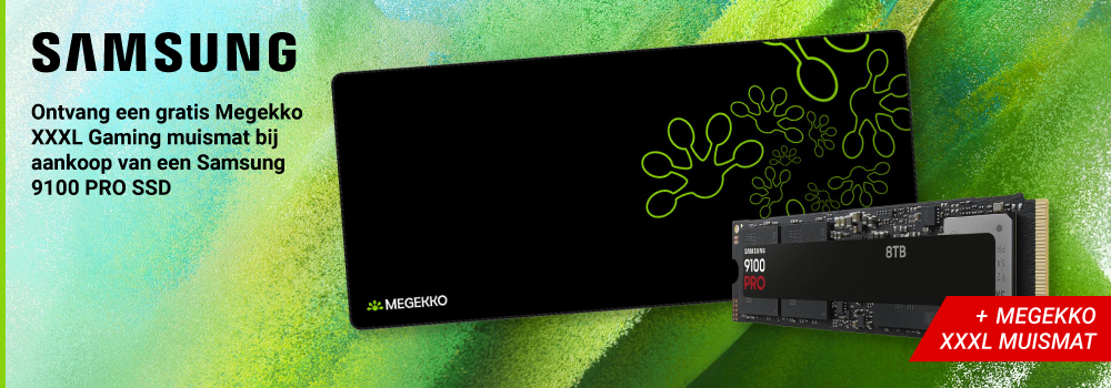 Ontvang nu een gratis Megekko XXXL muismat bij aankoop van een Samsung 9100 PRO SSD.